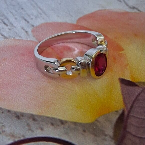 Thailand Two Tone gold silver Red Ruby Ring sz 9.25 - Picture 2 of 7